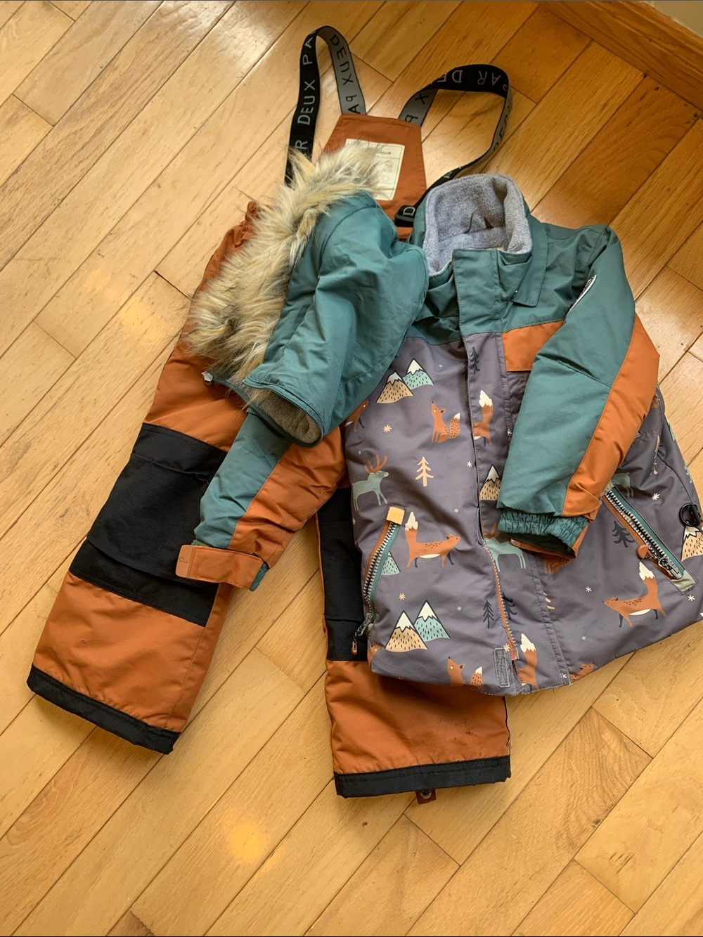 deux par deux Rust, Teal & Gray Fox Print Puffer Jacket Snow set for kids